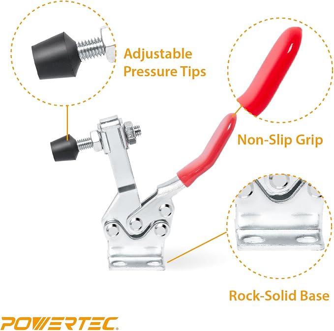 POWERTEC 2PK Toggle Clamp, 500 lbs Holding Capacity, 225D Quick Release Horizontal Clamps w/Antislip Rubber Pressure Tip for Woodworking Jigs and Fixtures, Welding, Drill Press, Crosscut Sled (20325)