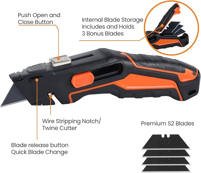 Lichamp Utility Knife 4 Pack, Quick-Change Razor Box Cutter 2-in-1 Retractable Knives and Folding Knife Set, Blade Storage in handle with 16-Pieces SK2 Blades Included