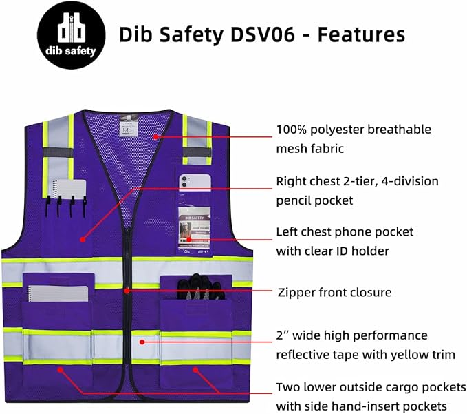 Dib Safety Reflective Mesh Vest High Visibility Two Tone with Pockets and Zipper, Purple Mesh with Yellow Trim S