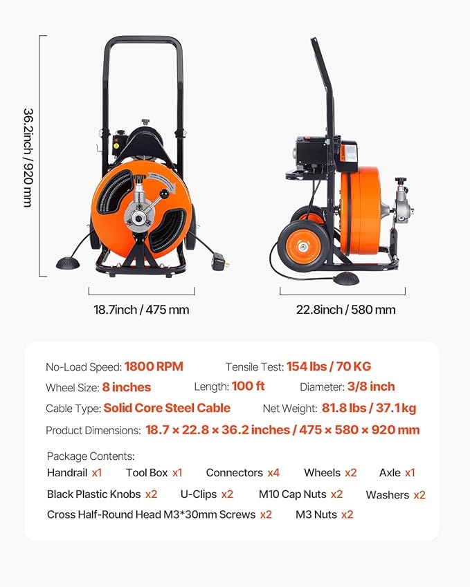 VEVOR Drain Cleaning Machine 100FT x 3/8 Inch, Sewer Snake Machine Auto Feed, Drain Auger Cleaner with 4 Cutter & Air-Activated Foot Switch for 2" to 4" Pipes, Orange, Black