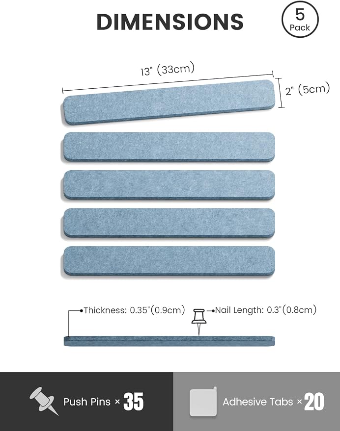 Fluxynara Cork Board Alternative Felt Strip Board 5-Pack 13"x2", Office Pin - Image 2