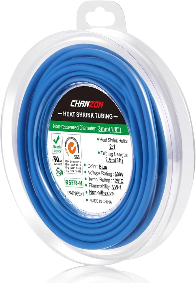 Chanzon 2:1 Ratio 1/8" (3mm) Heat Shrink Tubing 8Ft Roll (2.5M Total Length) Blue Polyolefin Sleeving Wrap Shrinking 2 to 1 1pcs