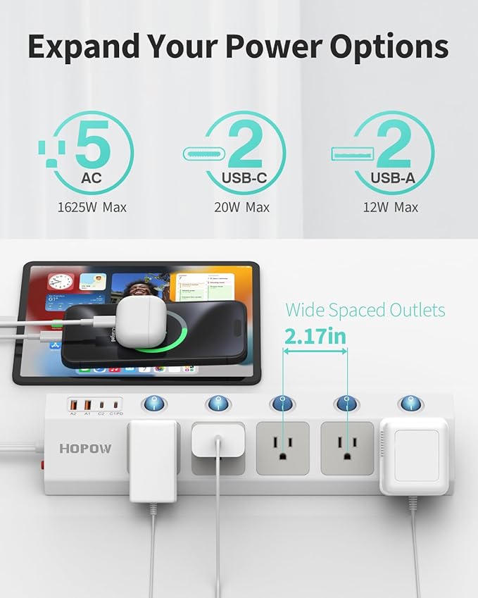 Flat Plug Power Strip with Individual Switches, 10 Ft Ultra Thin Flat Extension Cord, 5-Outlet Surge Protector with 2 USB-C (20W PD) & 2 USB-A, 1700 Joules, Wall Mount for Home Office, White