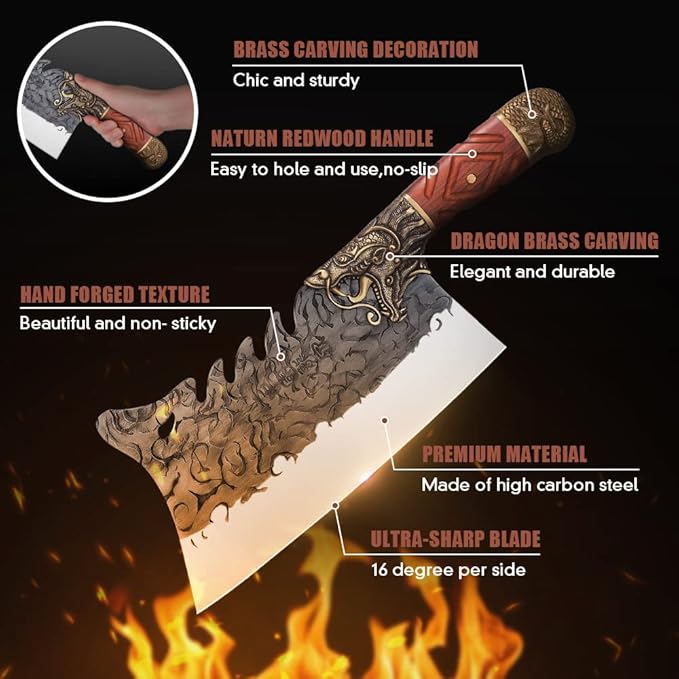 ROCOCO Cleaver Knife Meat Cutting Heavy Duty Bone Butcher Chopper Large Hand Forged Chinese Dragon Viking Cutter for Kitchen Outdoor with Sheath Birthday Father Mother Christmas Gift Men 8.6"