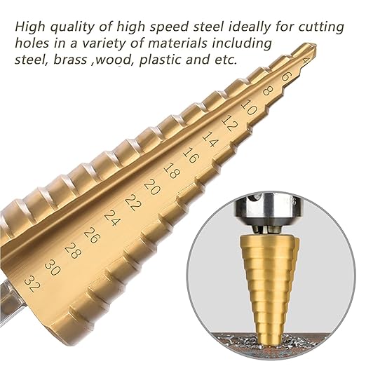 3 Pcs Straight Grooved Step Drill Bit Set, High Step Steel Titanium Drill Bits Set Power Tools 4-12/4-20/4-32mm Hex Shank Drive, HSS Cut Tool Set for Metal Wood Steel DIY Plastic