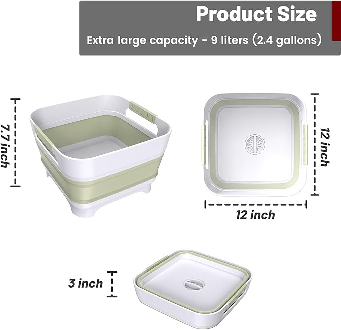 Collapsible Dish Basin, 9L Capacity, Portable Sink for Kitchen, Camping, RV, Gray (Green)