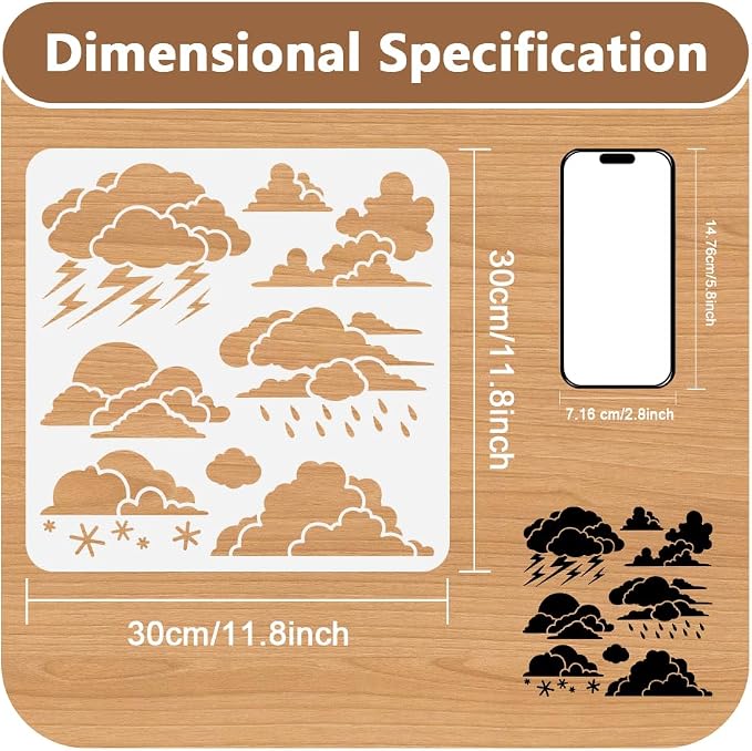11.8"x11.8" Clouds Wall Stencil Templates, Reusable Plastic Lightning Rain - Image 2