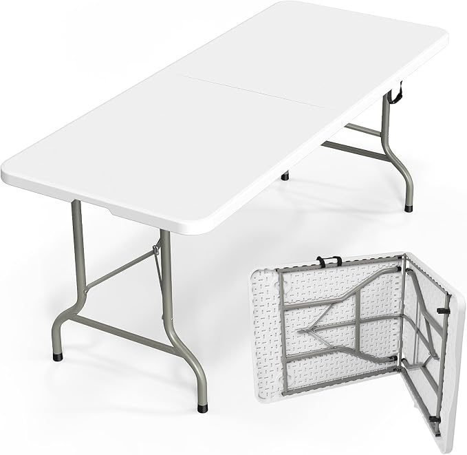 Bonnlo Folding Table 6ft, Portable Collapsible Plastic White Long Tables by Bonnlo