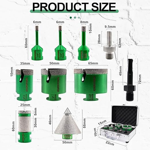 Tile Hole Saw Kit - 6/6/8/35/50/65mm Diamond Core Drill Bit+1" Versatile Drilling Milling Bit+2" Beveling Chamfer Bit+SDS&Triangle Adapter to 5/8-11" Thread for Porcelain Ceramic Granite Marble