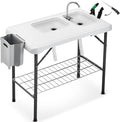 Folding Fish Cleaning Table Portable Camping Double Sinks Table w/2 Dual Water Basins, Faucet Drainage Hose & Sprayer Outdoor Fish Fillet Cleaning Station w/Knife, Storage Box,Black
