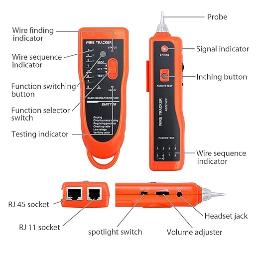 Wire Tester RJ45 RJ11 Cable Tracker Line Finder Multifunction Wire Tracker Ethernet LAN Network Cat5 Cat6 with Earphone for Cable Collation, Network Maintenance Collation, Telephone Line Test