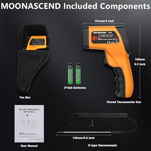 Infrared Thermometer Gun -58°F to 1472°F, 12:1 Laser Temperature Gun with -58°F to 572°F K-Type Probe, Dual-Mode Thermometer Guns Suitable for Cooking & Industry Measurements
