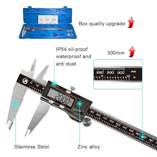 Digital Caliper, 12 Inch/300mm Vernier Caliper Measuring Tool with Stainless Steel, IP54 Splash Proof, Electronic Micrometer LCD Screen Auto-Off, Inch/Millimeter Conversion for 3D Printing