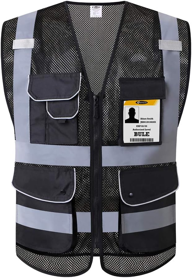 JKSafety 9 Pockets High Visibility Zipper Front Safety Vest With Reflective Strips,HQ Breathable Mesh, Oxford Fabric for pocket materials. Black Meets ANSI/ISEA Standards (XX-Large, 110-Black)