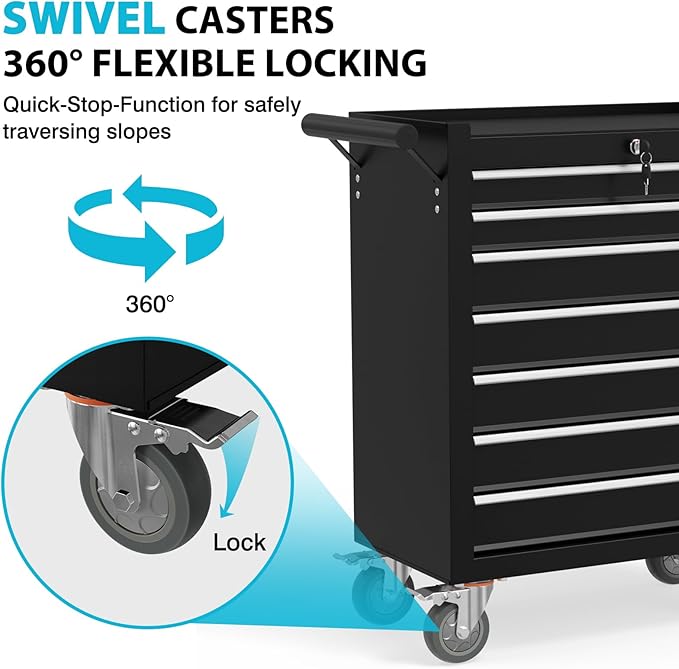 7 Drawers Metal Rolling Tool Chest, Portable Storage Rolling Tool Box, Toolbox on Wheels for Warehouse, Garage, Repair Shop and Tool Room (Black, 7-Drawer)