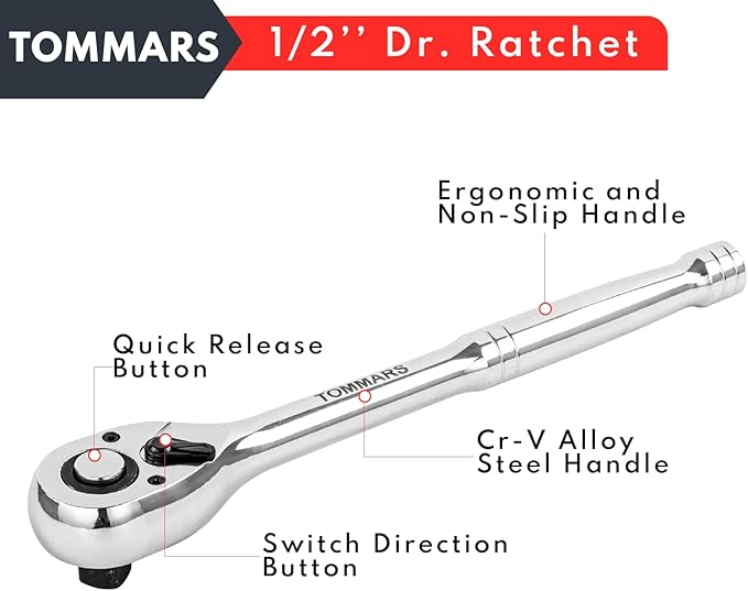 TOMMARS 1/2 inch Drive Ratchet, 72-Tooth Quick-Release Socket Ratchet Wrench Handle Reversible