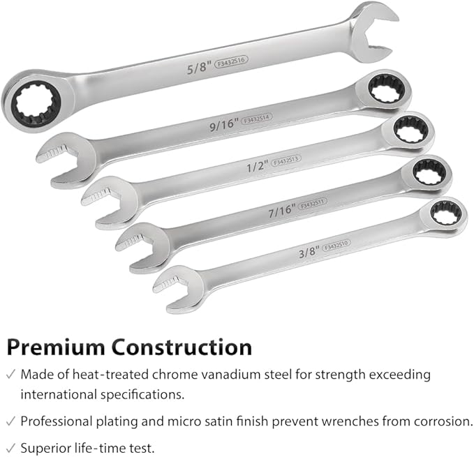 FIRSTINFO F3432SA Taiwan SAE Spline Box End Ratcheting Combination Wrench Set, Spanners with Anti-Slip V-Groove Open End | 5-piece | 72T | Lightweight | Mechanics Tray