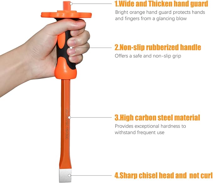 12inch Heavy Duty Flat Chisel with Hand Protection,Flat Head,Demolishing/Masonry/Carving/Concrete Breaker Chisels with Bi-Material Hand Guard