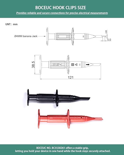 Test Hook Clips Multimeter Leads for 4mm Plug Test Probe, CAT III 1000V/CAT IV 600V, 10A for Electronic Circuit Testing (1 Pair, Red Black)