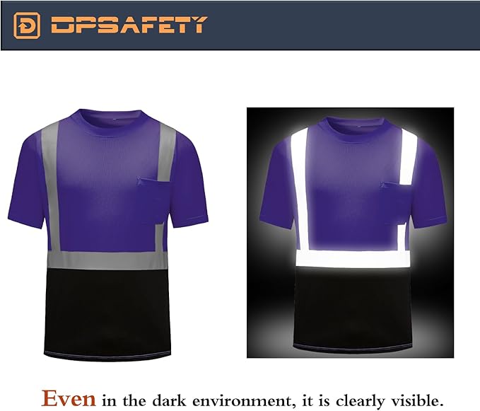 High Visibility Shirts Quick Dry Safety T Shirts with Reflective Strips and Pocket Short Sleeve Mesh Hi Vis Construction Work Class 2 Shirt for Men/Women Black Bottom Purple,Small