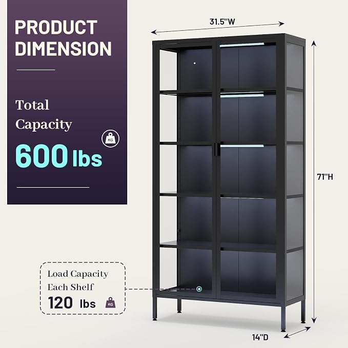 71" H Display Cabinet with Glass Doors, Display Case with LED Sensor Lights - Image 2