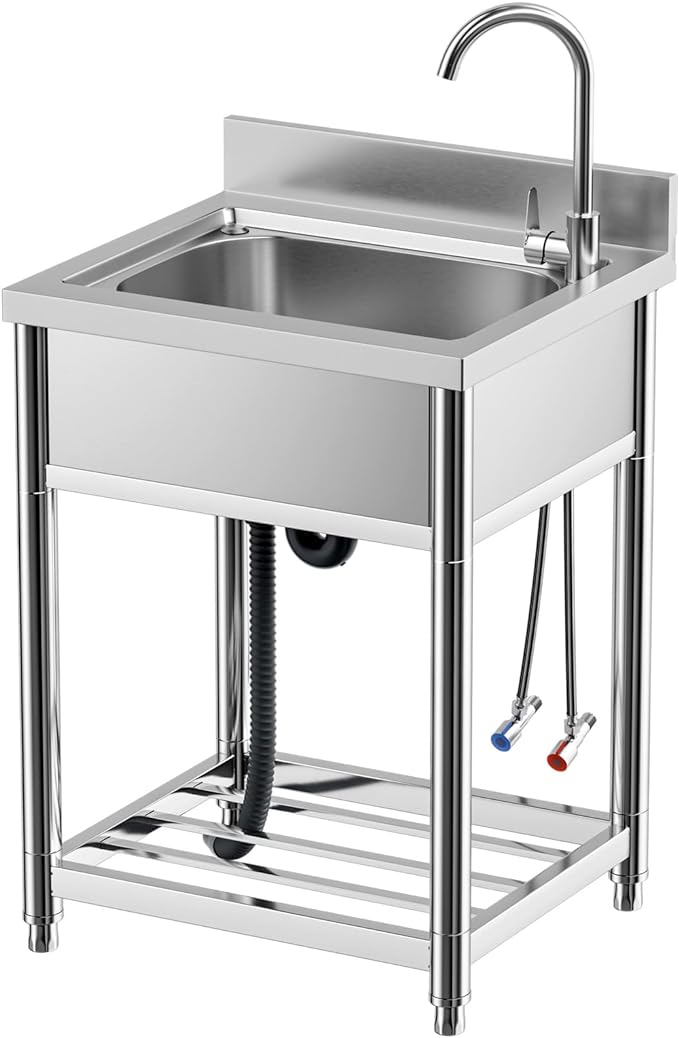 Free Standing Stainless-Steel Single Bowl Commercial Restaurant Kitchen Sink Set w/Faucet, Prep & Utility Washing Hand Basin w/Storage Shelve, laundry tub for Indoor Outdoor (22in)