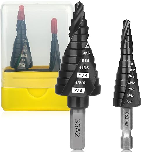 M35 Step Drill Bit Set,1/8" to 7/8" 25-Steps, Cobalt Bits, Heavy Duty for Stainless Steel, Hard Steel, Aluminum, Wood,2pcs.Co35A2_Co35A3