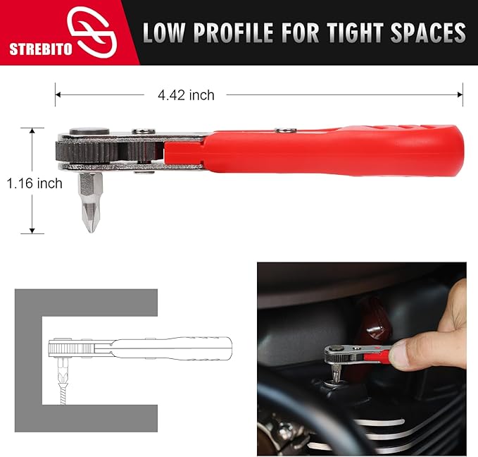 STREBITO Right Angle Screwdriver Set, Low Profile 26 Piece Small Ratchet, Stubby 90 Degree Ratcheting Screwdriver, Mini 1/4 Bit EDC Tool for Tight Spaces, Bike