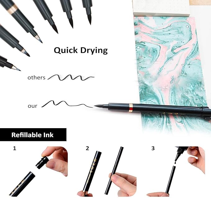 Hand Lettering Pens, Refillable Calligraphy Pens Brush Marker Pens Set Black - Image 3