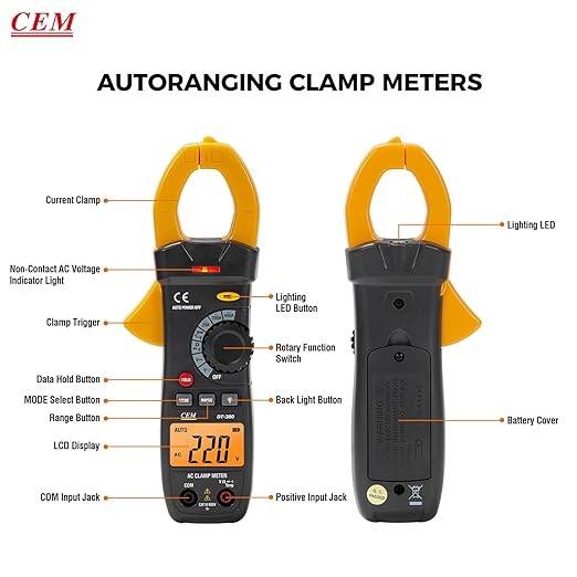 CEM Digital Clamp Meter with O-Shaped Jaw, Auto-ranging Voltage Tester with Flashlight Backlight, Clamp Multimeter for Measuring AC/DC Voltage AC Current Temperature Continuity Diode NCV DT-380