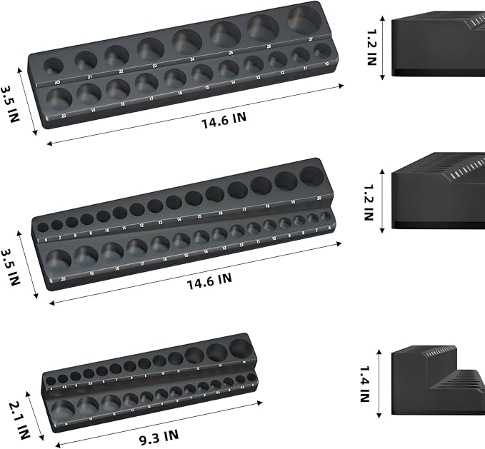 Magnetic Socket Organizer Holder Set – 3-Piece Tool Organizers Including 1/4", 3/8" and 1/2" Drive Socket Holder Metric 68 Pieces Socket Trays (Sockets are not Included)