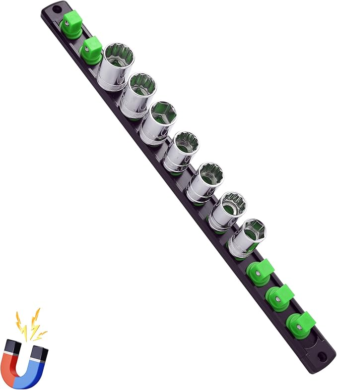1/2-Inch Drive Magnetic Socket Organizer, Heavy Duty Aluminum Socket Rail Organizer, 360° Swivel Clips Socket Holder Kit for Tool Box, 1/2-Inch Socket Holder x 12 Clips (Green)