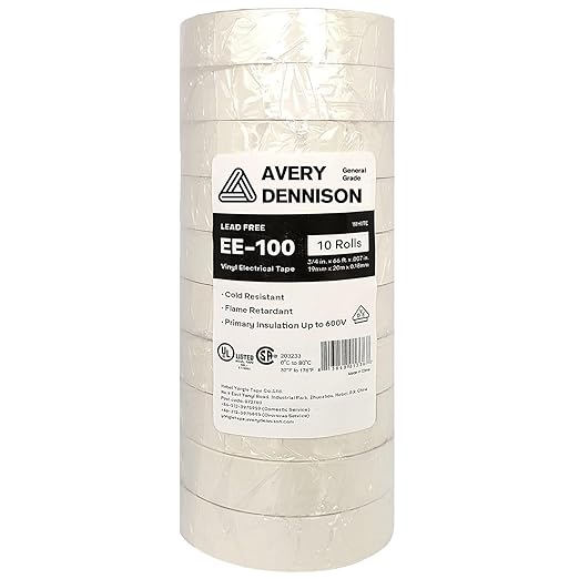 Avery Dennison Electrical Tape, 10 Rolls General Use PVC Electric Tape, UL/CSA Listed ¾ in x 66 ft Insulating Vinyl Tape for Electrical, Repairs, Automotive and Equipment, EE-100, White