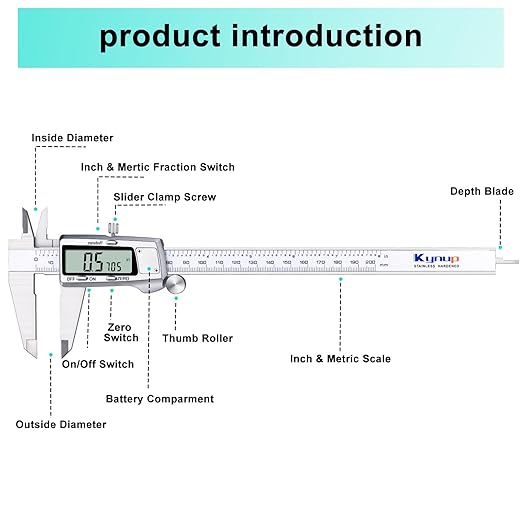 Kynup Digital Caliper 8 inch, Measuring Tool, Caliper Sets, Stainless Steel, Full Turn Off,Switch from Inch Metric Fraction, Micrometer Digital for Household, DIY(200MM)