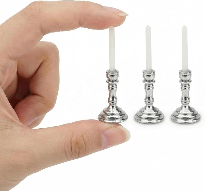 3PCS Vintage Miniature Candlesticks Set 1:12 Scale Metal Base Candle Holder by Makeeverychoiceabeautiful