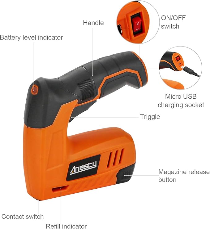 Cordless Staple Gun Nail Gun Tacker, Electric Stapler & Nailer 2 in 1, Electric Staple Gun with Rechargeable USB Charger for Upholstery DIY Includes 2000pcs 10mm Nails and 2000pcs 10mm Staples