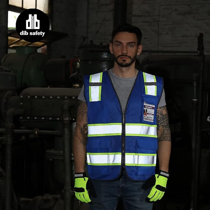 Dib Safety Reflective Mesh Vest High Visibility Two Tone with Pockets and Zipper, Blue Mesh with Yellow Trim 3X
