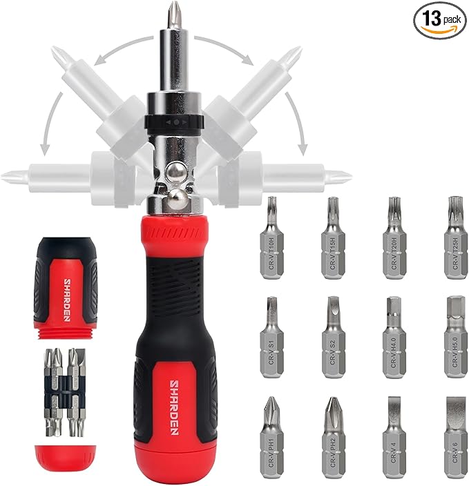 SHARDEN Ratcheting Screwdriver 13-in-1 Multibit Screwdriver All in One Screwdriver Set with Phillips, Flat Head, Torx Security, Hex, Robertson, 180 Degree Pivoting Adjustable Angled Screw Driver Set