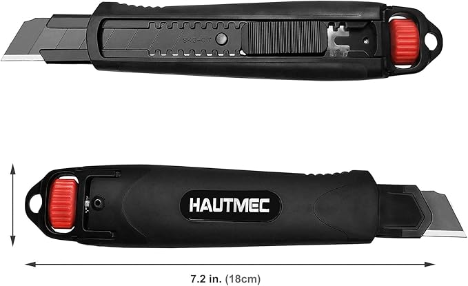 HAUTMEC 18mm Heavy Duty Utility Knife, Box Cutter with Double Lock Mechanism, Auto-Lock and Ratchet-Lock, SK2 Sharp Black Blade for Industrial or Construction Applications HT0136-KN