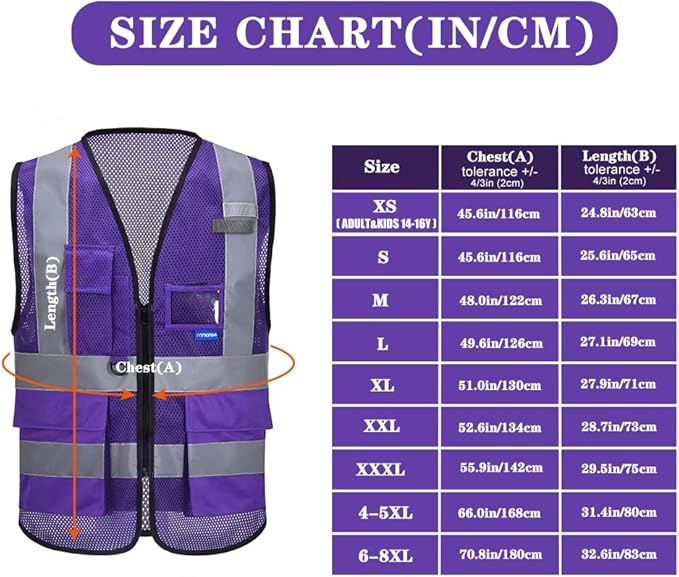 A-SAFETY High Visibility Mesh Safety Reflective Vest with Pockets and Zipper,Hi Viz Work Vest for Men Women (Purple Mesh 4XL-5XL)