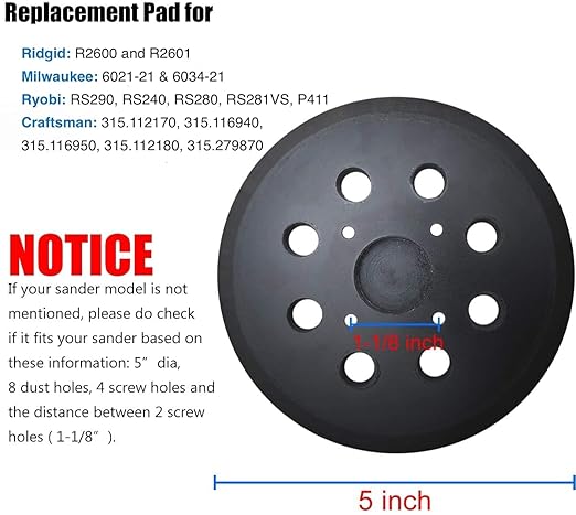 5 Inch 8 Hole Replacement Sander Pads,Hook and Loop Orbital Pad Compatible with Ridgid R2600 R2601,Craftsman ROS Model 315 Random Orbit Sander