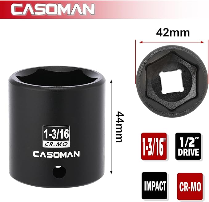 CASOMAN 1/2" Drive x 1-3/16" Impact Socket, 6-Point, SAE, CR-MO