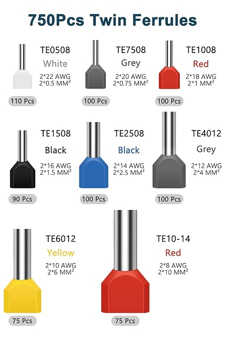 Lytool Double Wire Ferrule Kit 8-22 AWG, 750Pcs Dual Bootlace Ferrule Kit Wire Ferrules Twin Ferrules Connectors Wire Terminal Connector, Insulated Cord Pin End Terminal Great Assortment Ferrules Kit