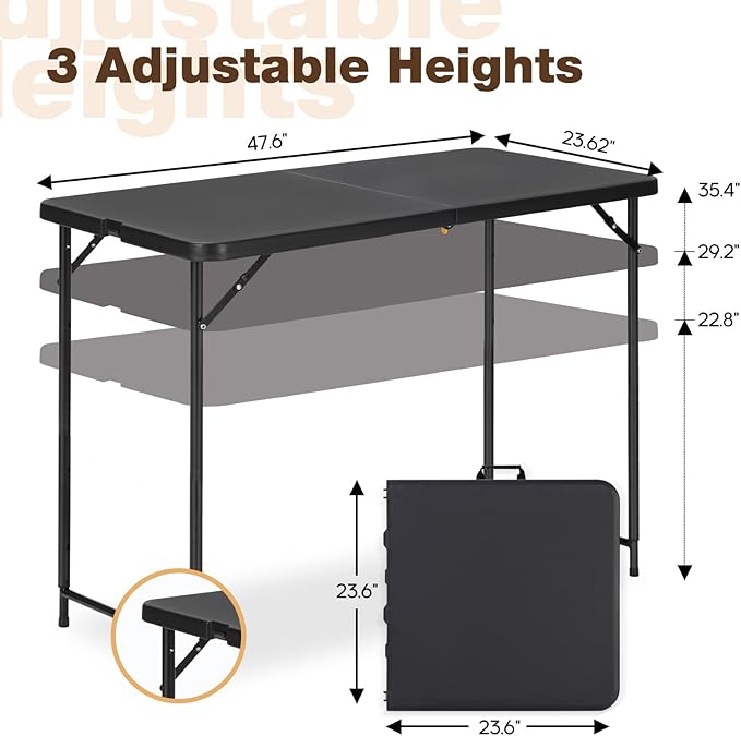 4ft Folding Table with Adjustable Height, 3-Level Foldable Table with HDPE Top - Image 3