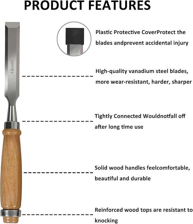 4 Piece Wood Chisel,WoodCraft Precision Steel Wood Chisel Set,Chromium Vanadium Wood Carving Chisel Kit,Heavy Duty Woodworking Chisel with Ergonomic Handle