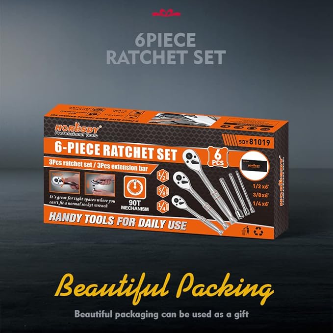 HORUSDY 3-Piece Ratchet Set, 1/4” 3/8”, 1/2" Drive Ratchet Handle Set, 90-Tooth,CR-V, Quick Release Ratchets