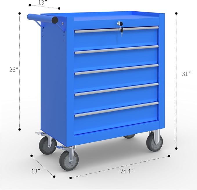 5-Drawer Rolling Tool Chest With Wheels and Locking System - Portable Metal Box for Warehouse, Garage, Repair Shop, Workshop (Blue)