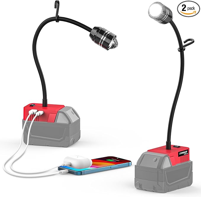 LIVOWALNY LED Work Light Compatible with Milwaukee Battery, 2PCS 20W 2000LM LED Flood Light with 12" Flexible Gooseneck and USB-A & Type-C Charging Port, Low Voltage Protection Flashlight (No Battery)