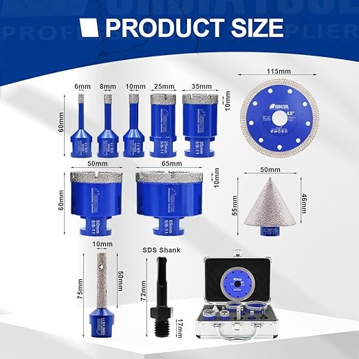 SHDIATOOL Diamond Tile Drill Bits Kit 11pcs, Porcelain Hole Saw Sets, Core Bits Cutter for Drilling Ceramic Marble Granite (6/8/10/25/35/50/65/10MM/2''/SDS/4.5")