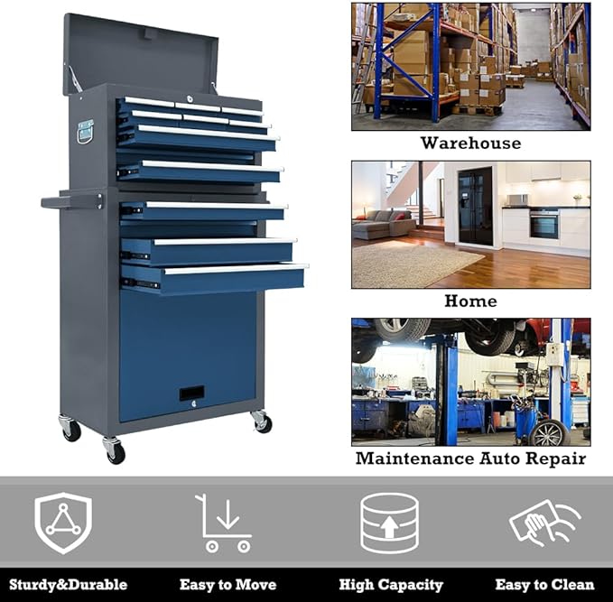Kirmoasl 13-Drawer Rolling Tool Chest,Large Tool Chest with Wheels,2 in 1 Detachable Tool Chests,Portable Tool Storage,Locking Mechanic Tool Box for Warehouse,Garage (Gray&Blue)